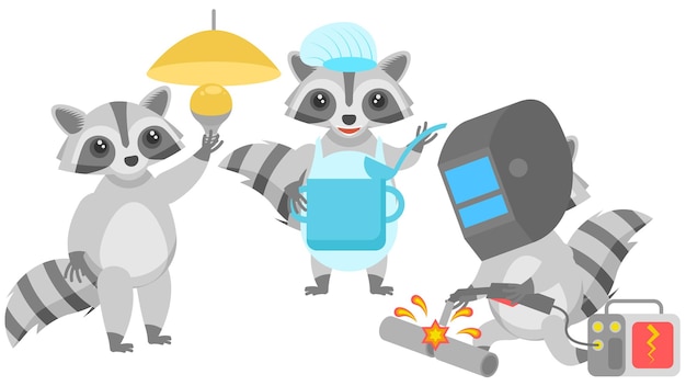 Raccoons Fltwists A Light Bulb, Welder Welds The Pipe, Cook With A Saucepan And A Ladle Vector