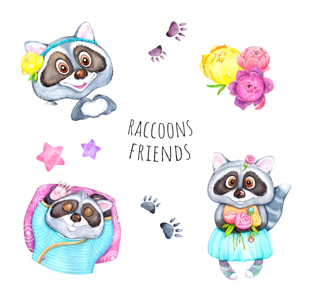 Raccoons set watercolor illustration