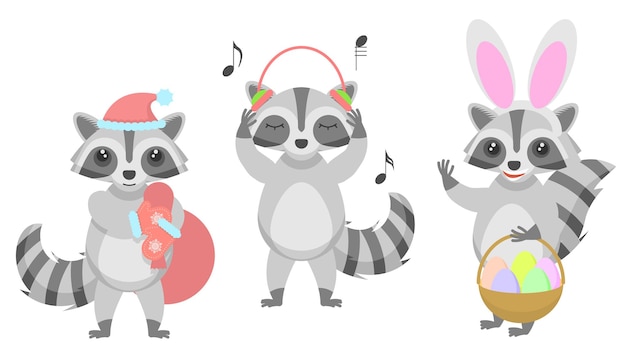 Raccoons With A Bag Of Gifts, Listening To Music On Headphones, In Bunny Ears With A Basket Of Eggs