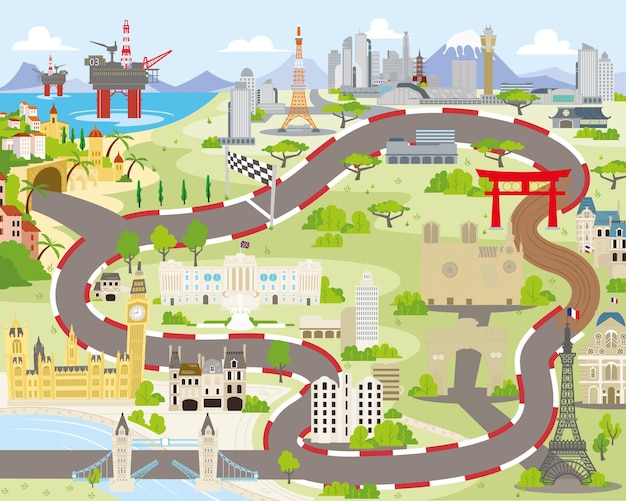 Race car road track circuit illustration with city maps for kids play mat and roll mat design 2