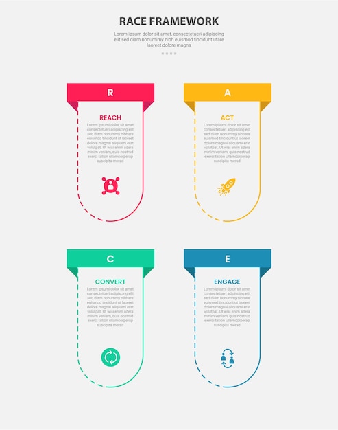 race framework infographic outline style with 4 point template with vertical round box container with rectangle header top for slide presentation