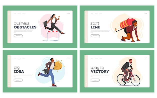 Race for Leadership Landing Page Template Set Business People Take Part in Running Competition Vector Illustration