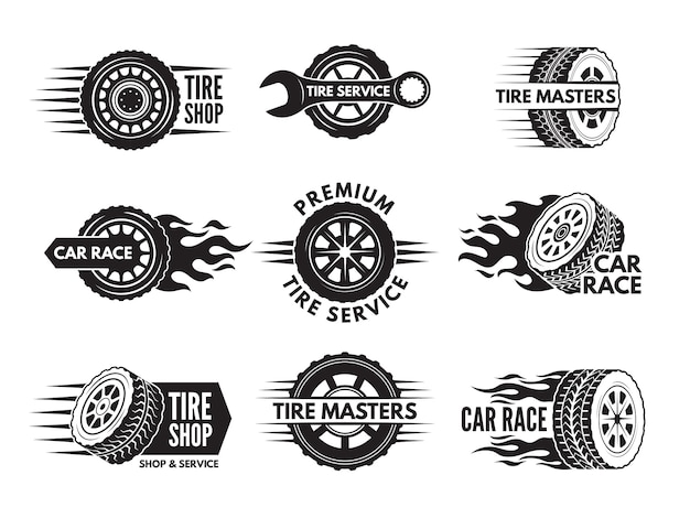 Vector race logos with pictures of different cars wheels