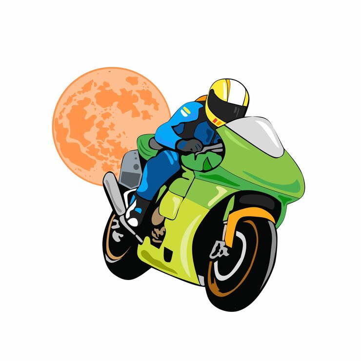 Vector race motorcycle design creative green colour with motorcycle racer under neon moon tshirt design