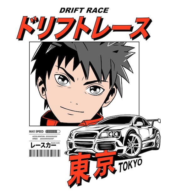 Raceauto met illustratie van een mangajongen en Japanse driftrace en Tokyo