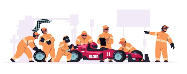 Vector raceploeg cartoon pitstopteam in uniform bezig met raceauto monteur die wielen van bolide verwisselt onderhoudstechnici en ingenieurs autoreparatie vector illustratie