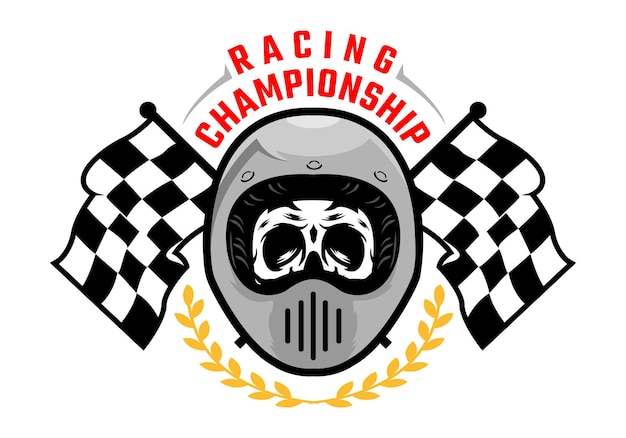 Vector racer skull in helmet with checkered flag. motorcycle racing company.