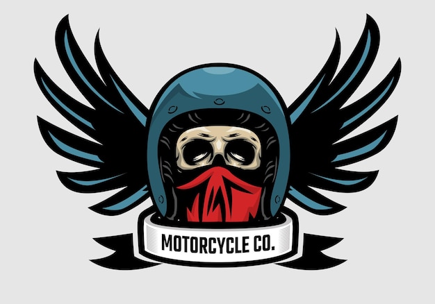 Vector racer skull in winged helmet. skull biker with wing. motorcycle company.