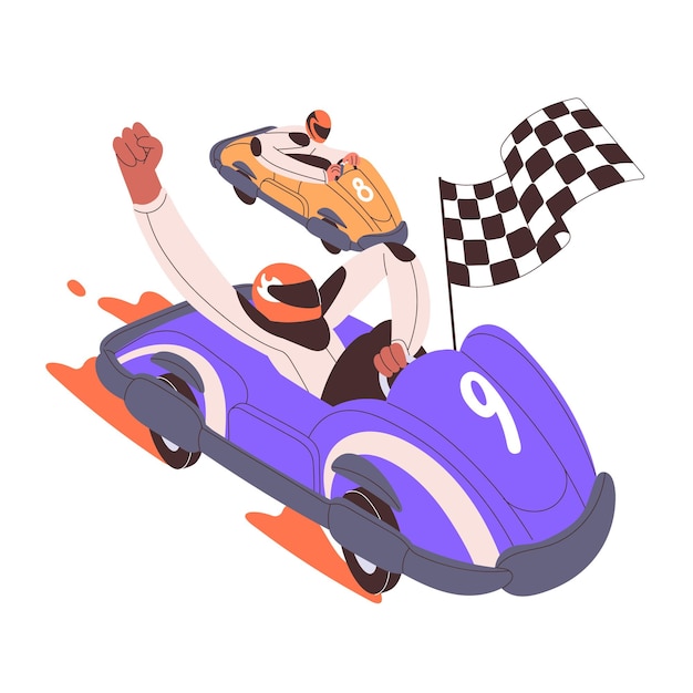 Vincitore del corridore al traguardo durante la competizione di corse di kart pilota vincente in auto gokart gokart con bandiera al torneo su strada a motore sport estremo illustrazione vettoriale piatta isolata su sfondo bianco