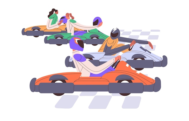 Piloti di piloti in auto carrelli stradali iniziano in competizione kart racing sport automobilistico estremo amici a gokarts road track entertainment illustrazione vettoriale grafica piatta isolata su sfondo bianco