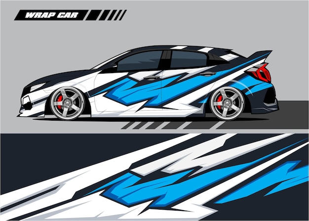 Racewagen wrap ontwerp vector Premium Vector wit blauw