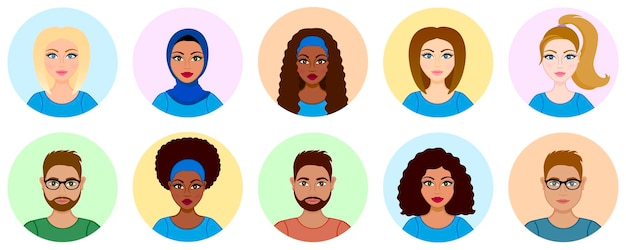 Raciale diversiteit iconen set van avatars arabische afrikaanse hispaniclatina en europese blanke vrouwen