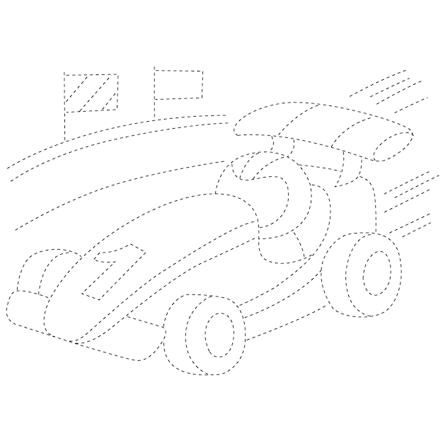 Racing car dotted line draw practice cartoon doodle kawaii anime coloring page cute illustration