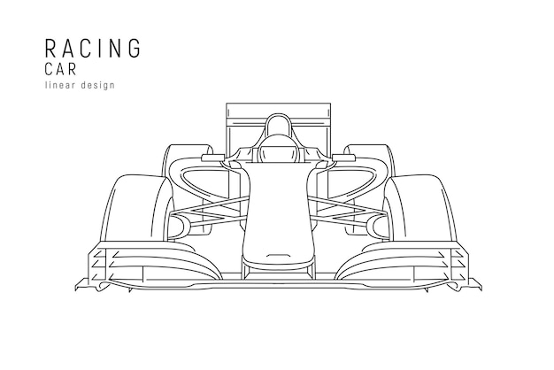 Линейная иллюстрация гоночного автомобиля с изолированным эскизом гонщика на белом фоне
