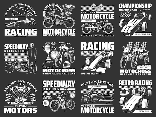 Racing car motorcycle bike and kart icons