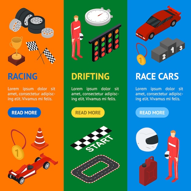 Racing Sport Banner Vecrtical Set Isometric View Vector