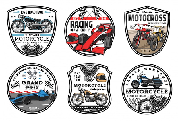 Vector racing sport icons, motocross and cars races championship cup emblems, . motorcycle racing and motor sport cars rally or speedway club team, wheel, sportcar racetrack and finish flag signs