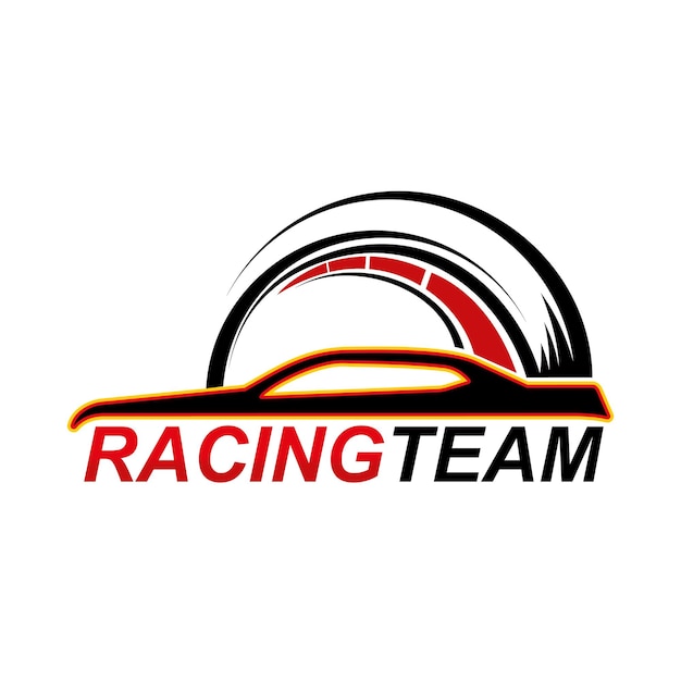 Racing team icon with speedometer and car silhouette Motorsport drivers club performance car tuning garage or track racing team vector emblem icon with auto gauge indicator