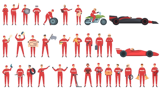 Racing team icons set cartoon vector stop car