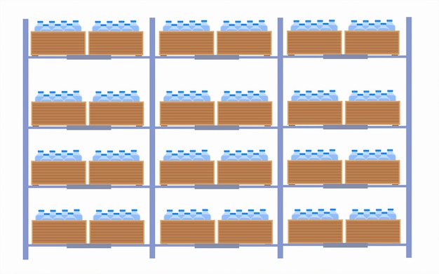 Стойка, полная контейнеров для воды. бутылки с питьевой водой в коробках. центр хранения воды.