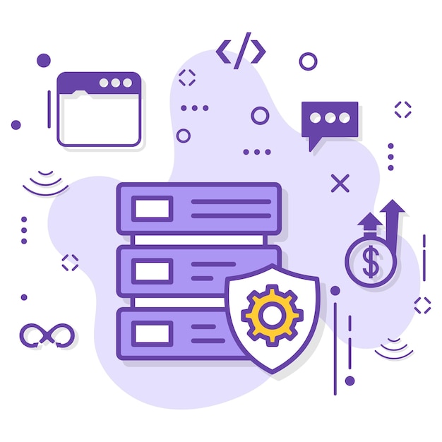 Illustrazione di stock di macchina rack, concetto di server cloud gestito, macchina esente da manutenzione con protezione