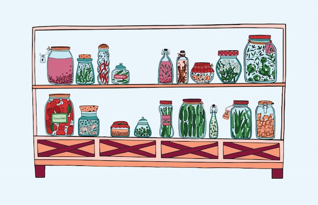 Rack with pickled jars with vegetables, fruits, herbs and berries on shelves, autumn marinated food. colorful illustration.