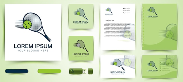 Racket and ball, tennis logo and business card branding template designs inspiration isolated on white background