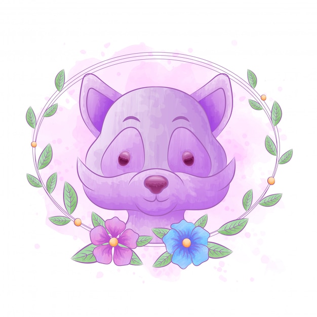 Vector racoon cartoons with flower frames with watercolor backgrounds