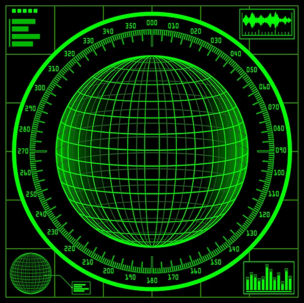 Radar scherm. digitale wereldbol met schaal.