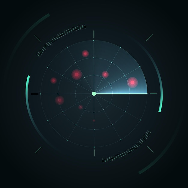 Schermo radar hud visualizza l'interfaccia radar vettoriale su sfondo scuro