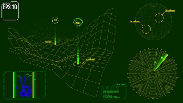 Экран радара с планетой, картой, целями и футуристическим пользовательским интерфейсом