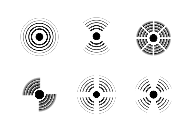 Icone del segnale radar onde soniche segni militari in bianco e nero set di simboli delle tecnologie di rilevamento punti e cerchi concentrici elementi geometrici minimi apparecchiature audio vettoriali