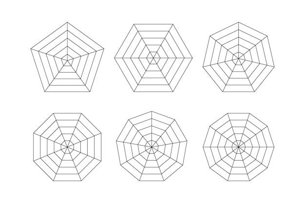 Radar or spider diagram template Flat spider mesh Blank radar charts Pentagon and hexagon graphs Kiviat diagram for statistic and analitic Vector illustration isolated on white background