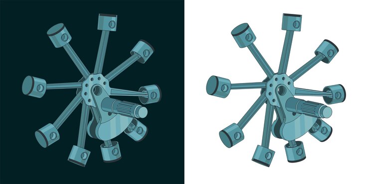 Vector radial engine pistons color illustration