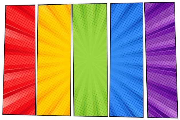 Vector radial rays background of colorful blocks with halftone effect and frames for popart comic book