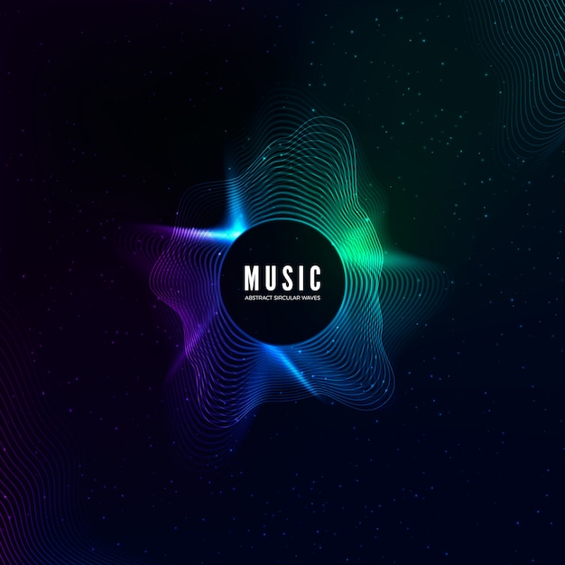 Radial sound wave curve with light particles. Colorful equalizer visualisation. Abstract colorful cover for music poster and banner.  background