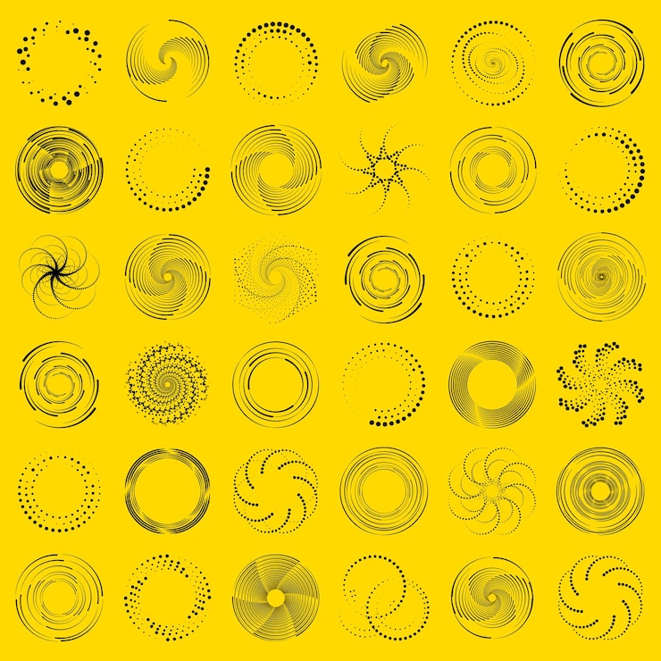 Vector radial speed lines set of dark dotted curves swirling halftone