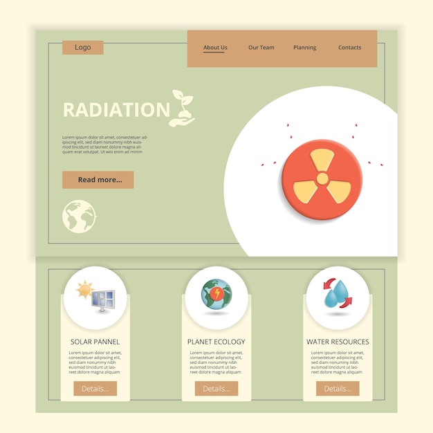 Pannello solare del modello di sito web della pagina di destinazione piatta delle radiazioni