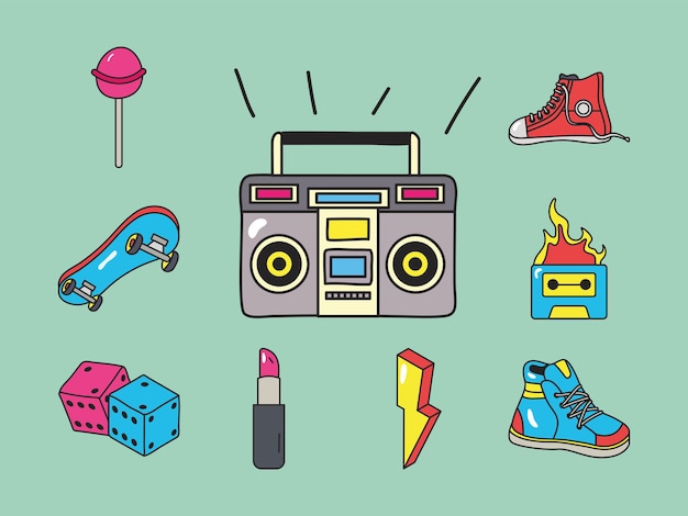 Vector radio and 90s patches icons set