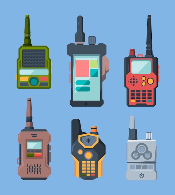 Radio-apparaten. Praat militaire of politiebureau transceiver opzichtige vector set in cartoon-stijl. Illustratie draagbare walkie-talkie transceiver