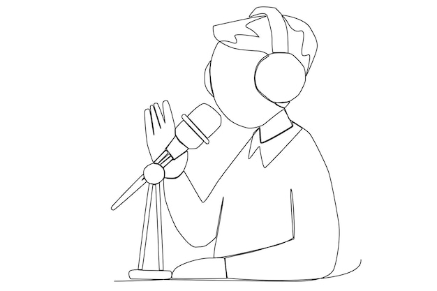 A radio broadcaster speaking on a talk show one line art