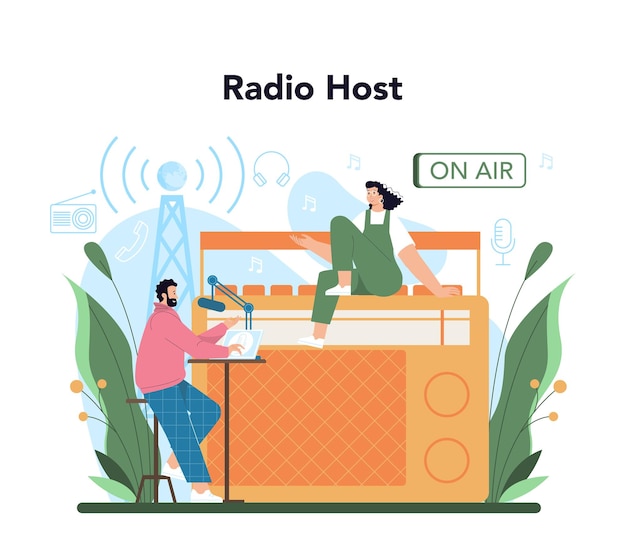 Radio host concept idea of news broadcast in the studio radio dj interviewing a person person talking through the microphone flat vector illustration