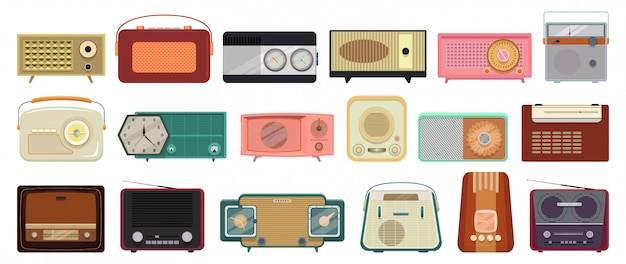 Radio isolated cartoon set icon.   illustration vintage wireless  .