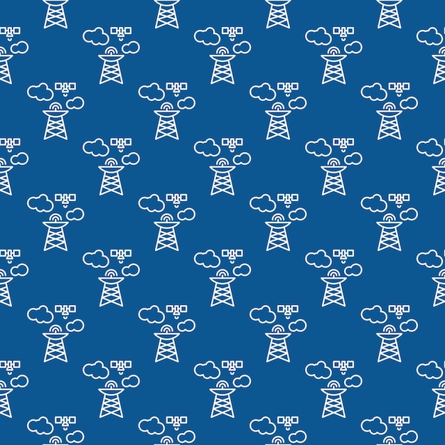 Radio Mast and Satellite vector concept blue seamless pattern in thin line style