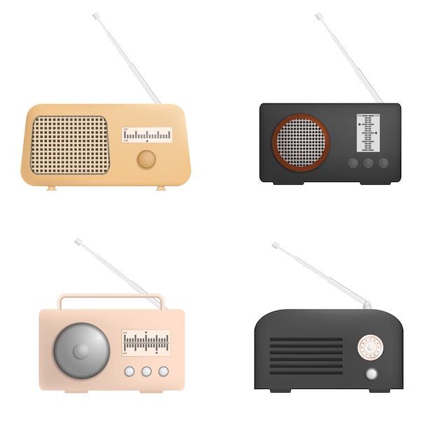 Radio music old device mockup set. realistic illustration of 4 radio music old device mockups for web