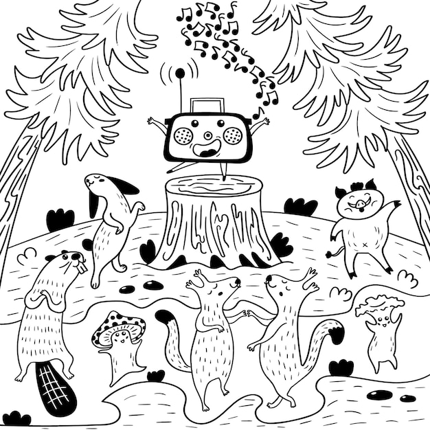 Radio party beasts in the woods. disco animal at the edge. black and white coloring vector illustration