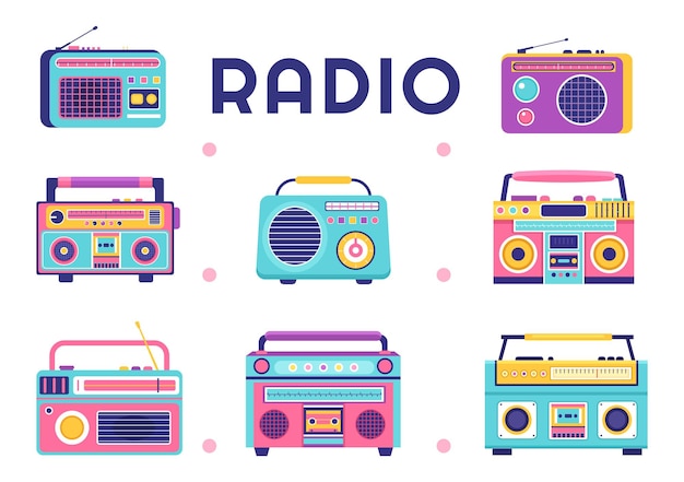 Vector radio player for record and listening to music in template hand drawn cartoon style illustration