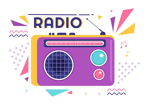 Radio player for record and listening to music in template hand drawn cartoon style illustration