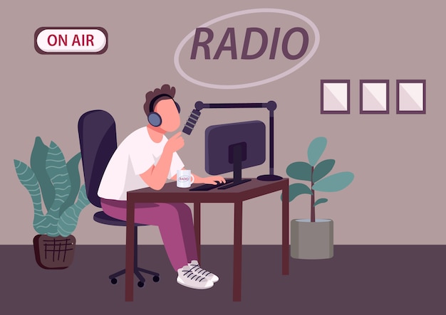 Illustrazione piana di vettore di colore di manifestazione radiofonica del podcast. dj radio professionale, personaggio ospitante personaggio dei cartoni animati 2d con studio di registrazione su sfondo.