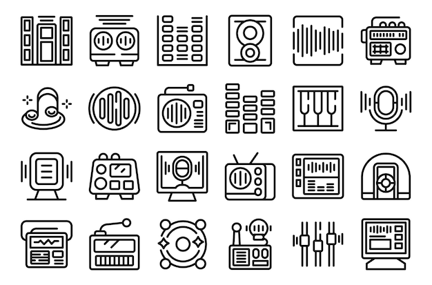 Radio room icons set outline vector studio record